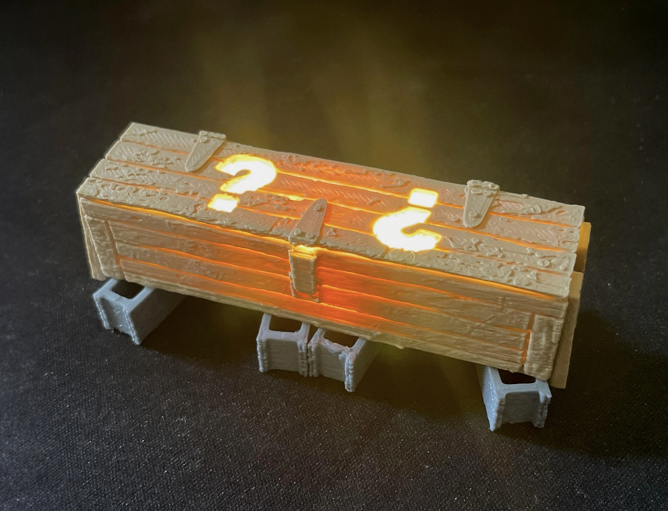 3D-printed model of the Mystery Box from Call of Duty Zombies, featuring intricate wood textures and the iconic question marks.
