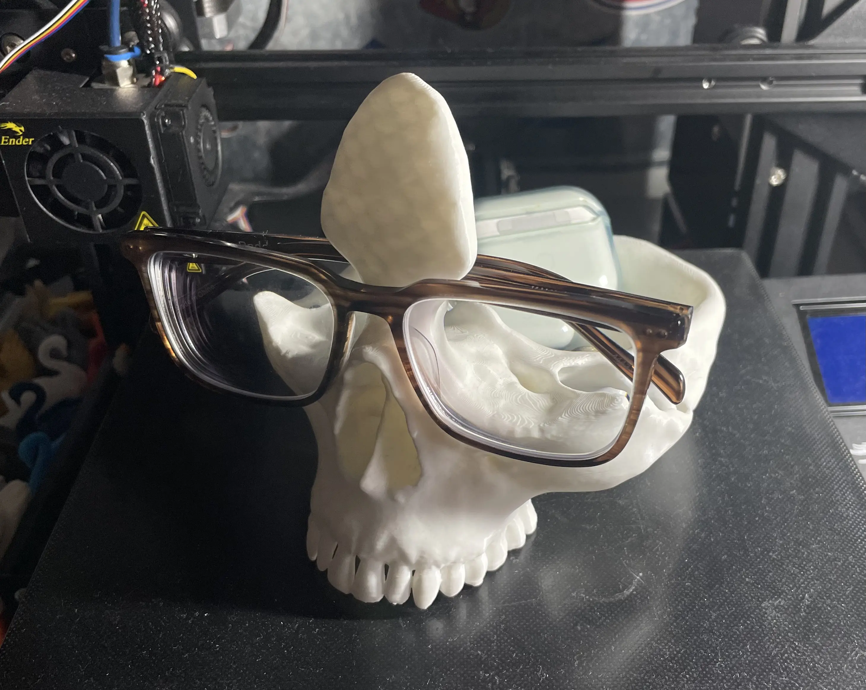 A white, 3D printed skull with a place to hold glasses as if the skull is wearing them, and a base for coins and other small items